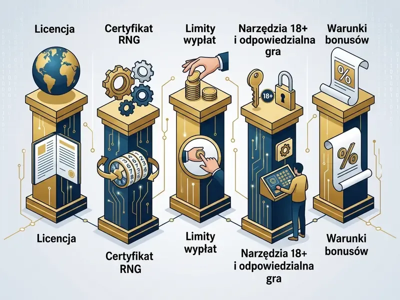 Infografika przedstawiająca filary weryfikacji kasyna online