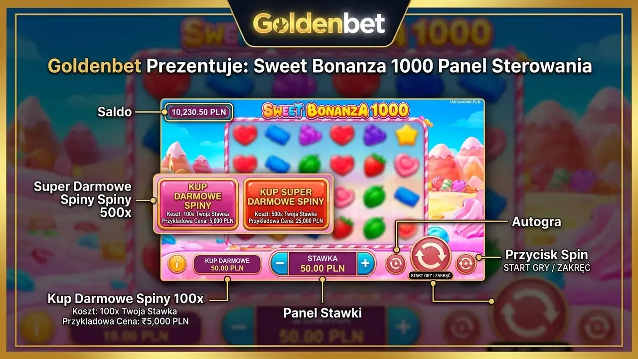 sweet bonanza 1000 automat, interfejs gry: panel stawki, saldo, przycisk Spin, opcje Buy Free Spins 100x i Super Free Spins 500x