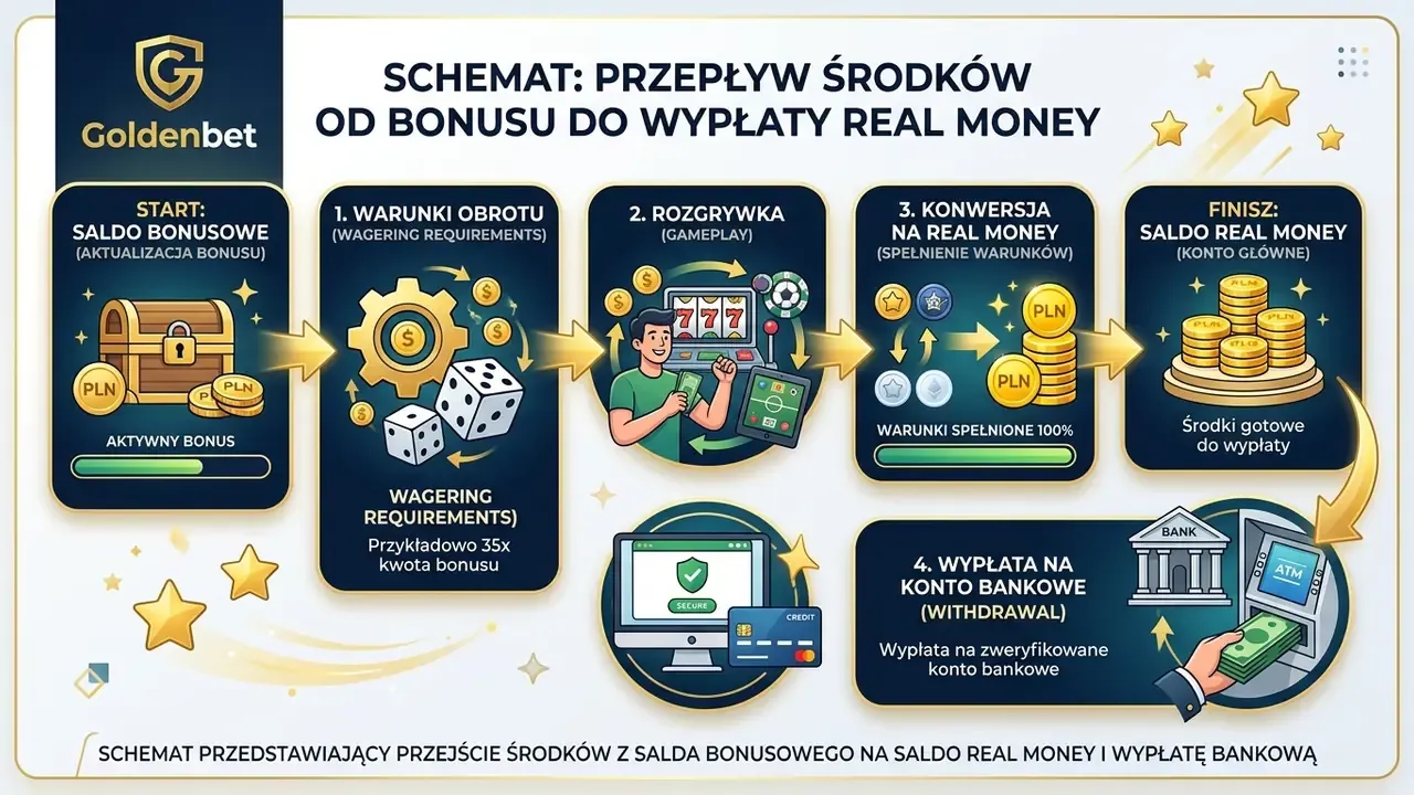 Schemat przedstawiający przejście środków z salda bonusowego na saldo real money i wypłatę bankową