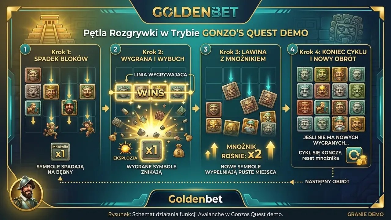 Schemat działania funkcji Avalanche w Gonzos Quest demo