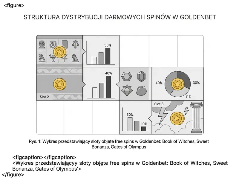 Wykres przedstawiający sloty objęte free spins w Goldenbet: Book of Witches, Sweet Bonanza, Gates of Olympus