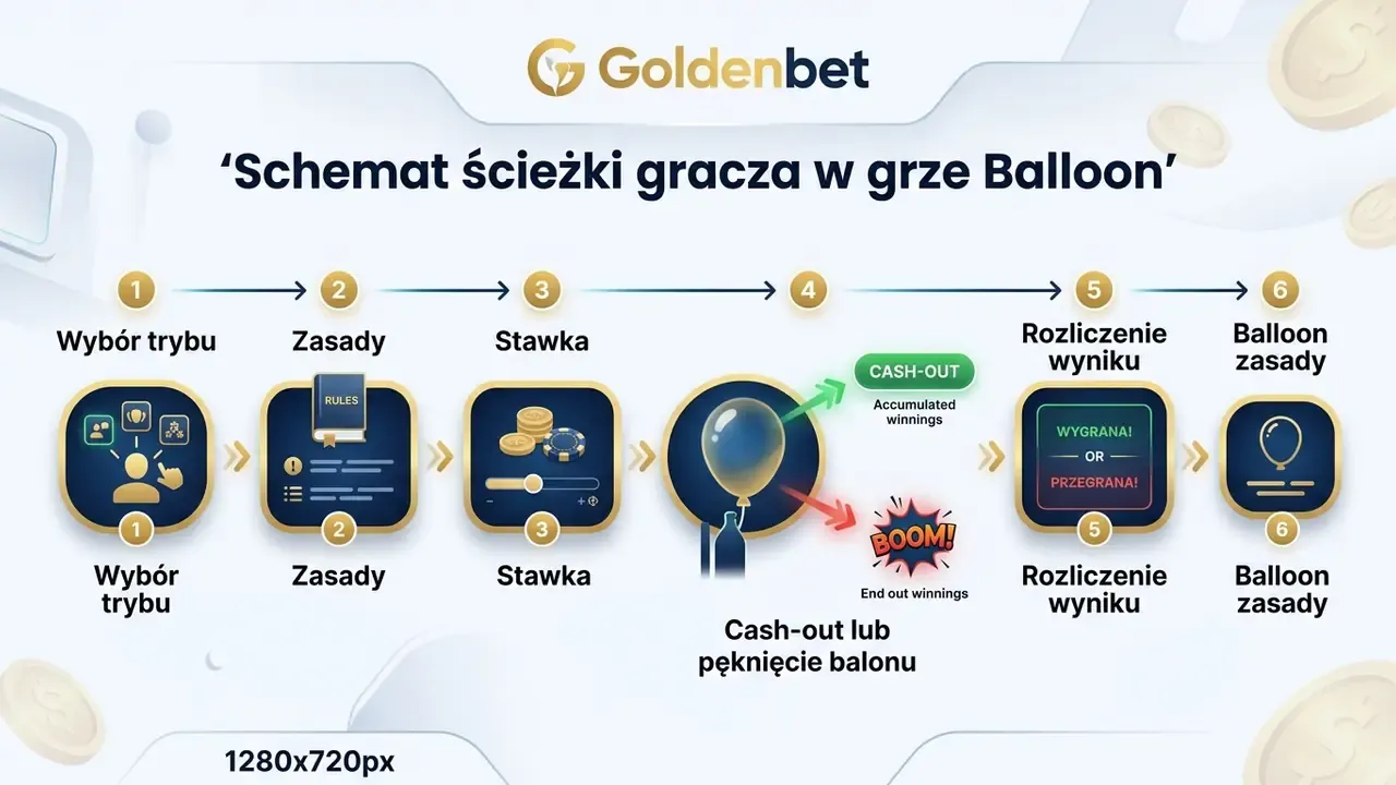 Schemat ścieżki gracza w grze Balloon: wybór trybu, zasady, stawka, cash-out lub pęknięcie balonu, rozliczenie wyniku, balloon zasady